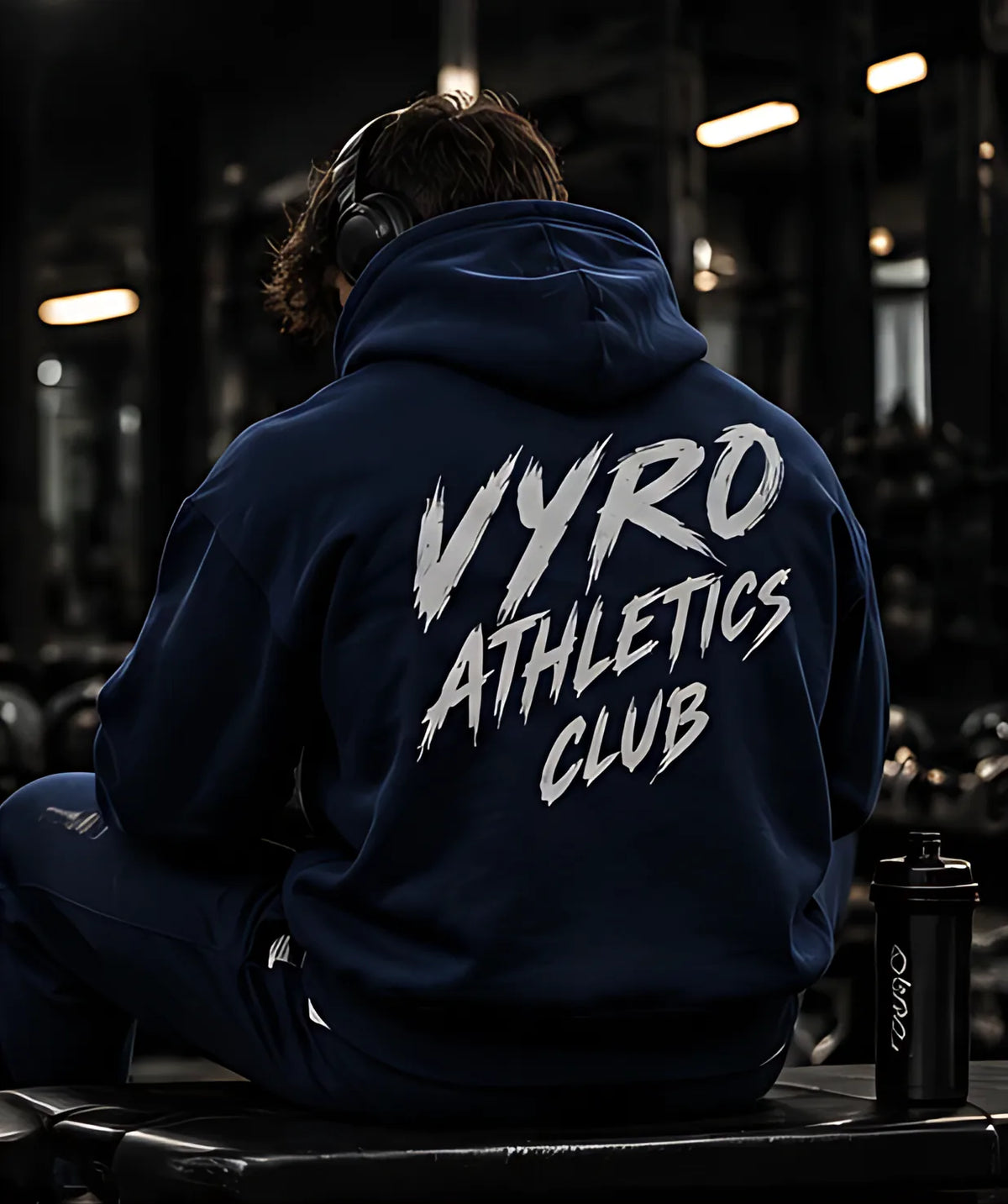 Navy back print, worn in the gym