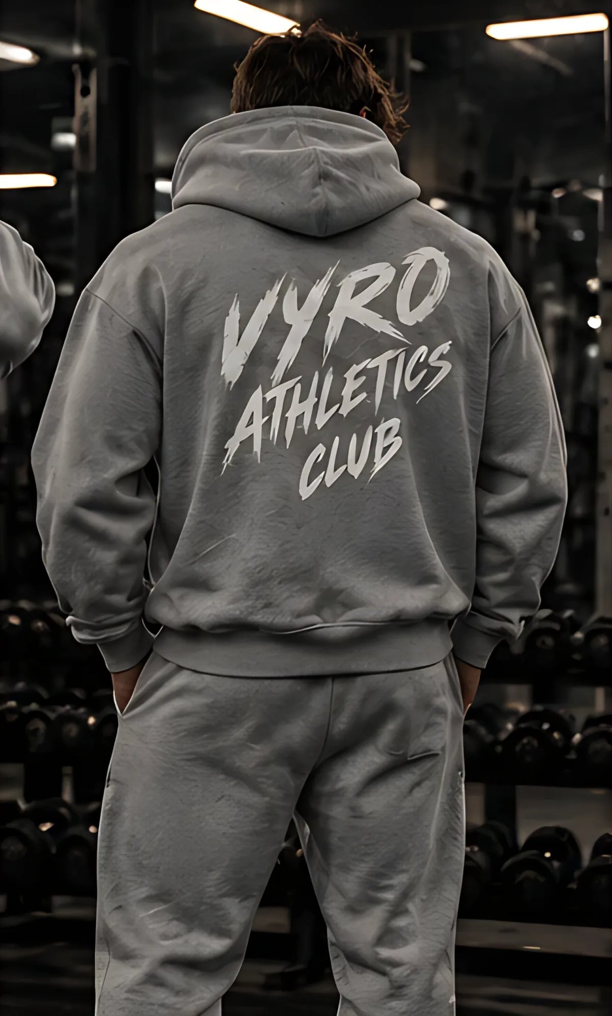 Gray back print, worn in the gym